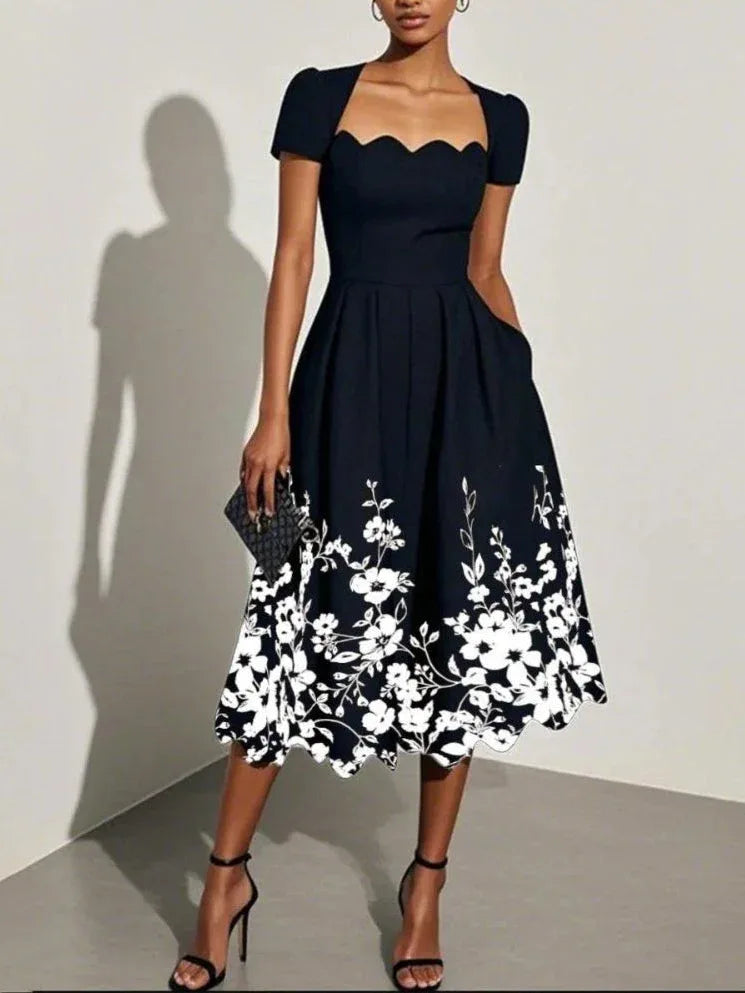 Black Floral Print Irregular Square Neck Short Sleeve A-line Midi Dress - NuaVibe