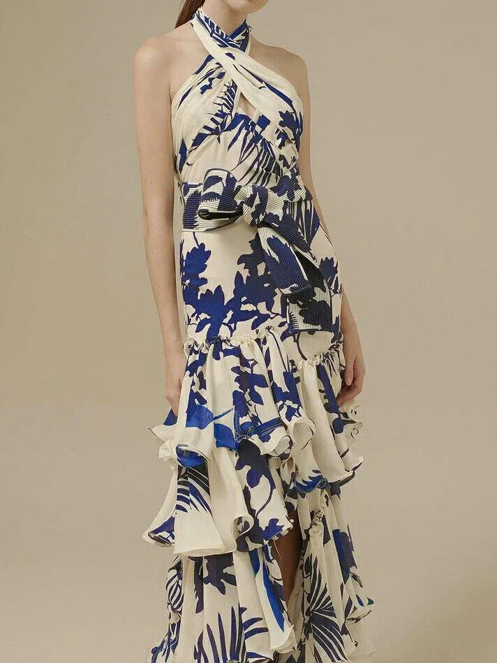 Blue and White Floral Halter Neck Backless Layered Ruffle Maxi Dress - NuaVibe