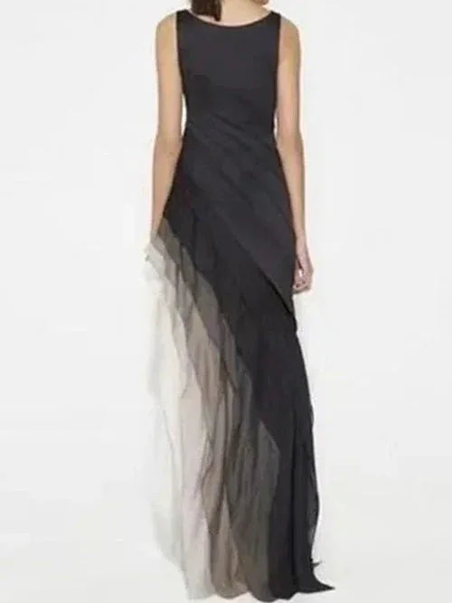 Black High Waist Tulle SleeGradientveless Maxi Dress - NuaVibe
