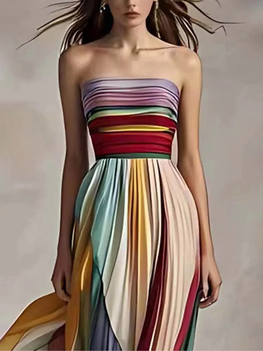 Elegant Striped Printed Off-shoulder Pleated Bandeau Maxi Dress - NuaVibe