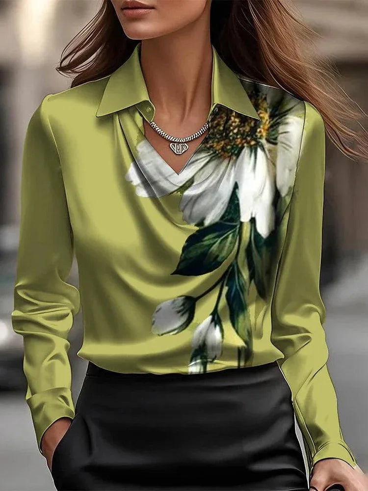 Solid Satin Floral Print Simple Swing Collar Shirt Top - NuaVibe