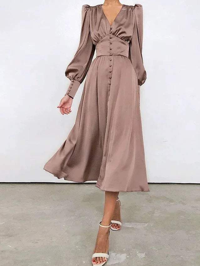 Satin Solid Balloon Sleeve V Neck Midi Dress - NuaVibe