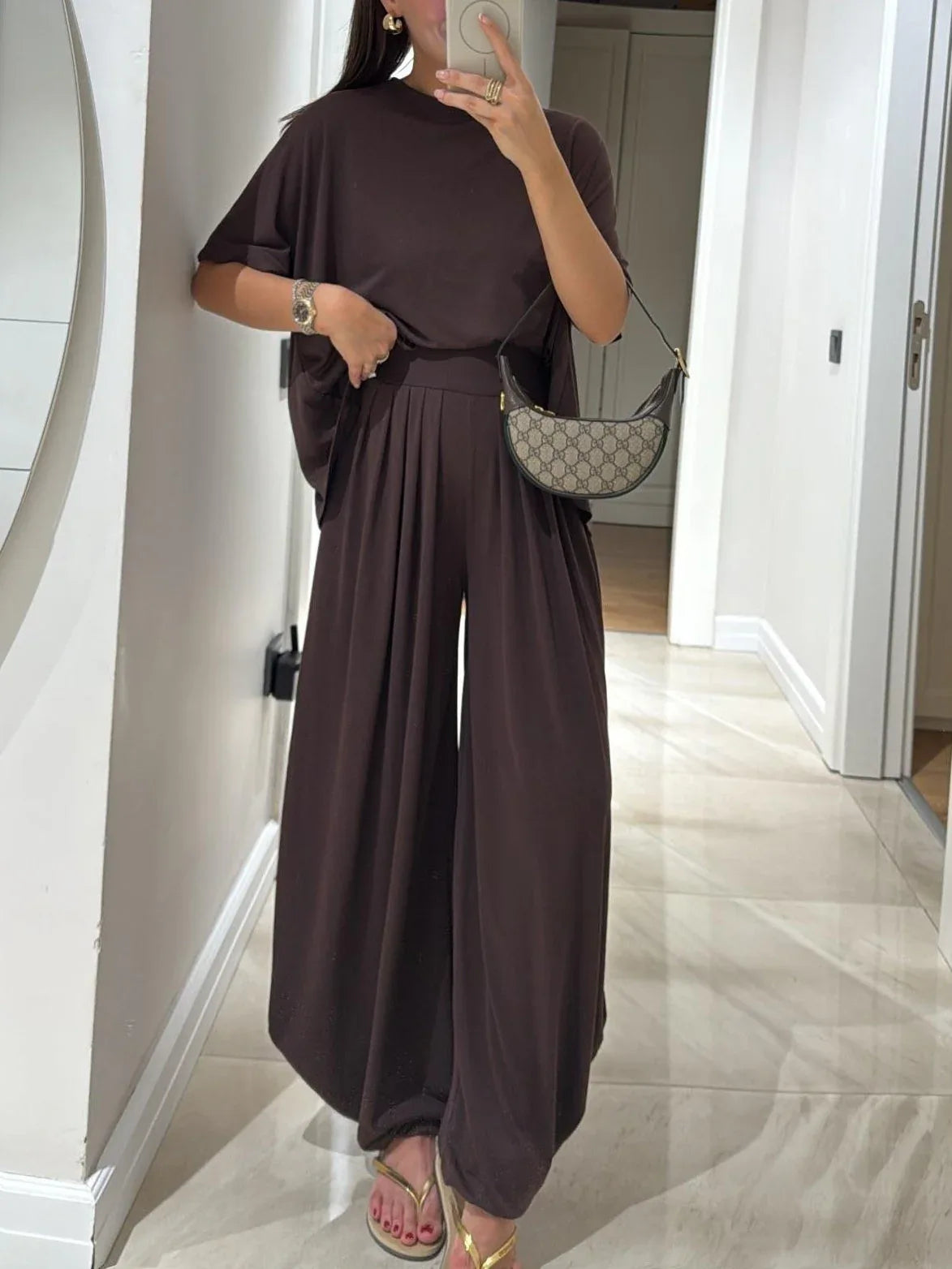 Light Grey Casual Top and Wide-leg Pants Set - NuaVibe