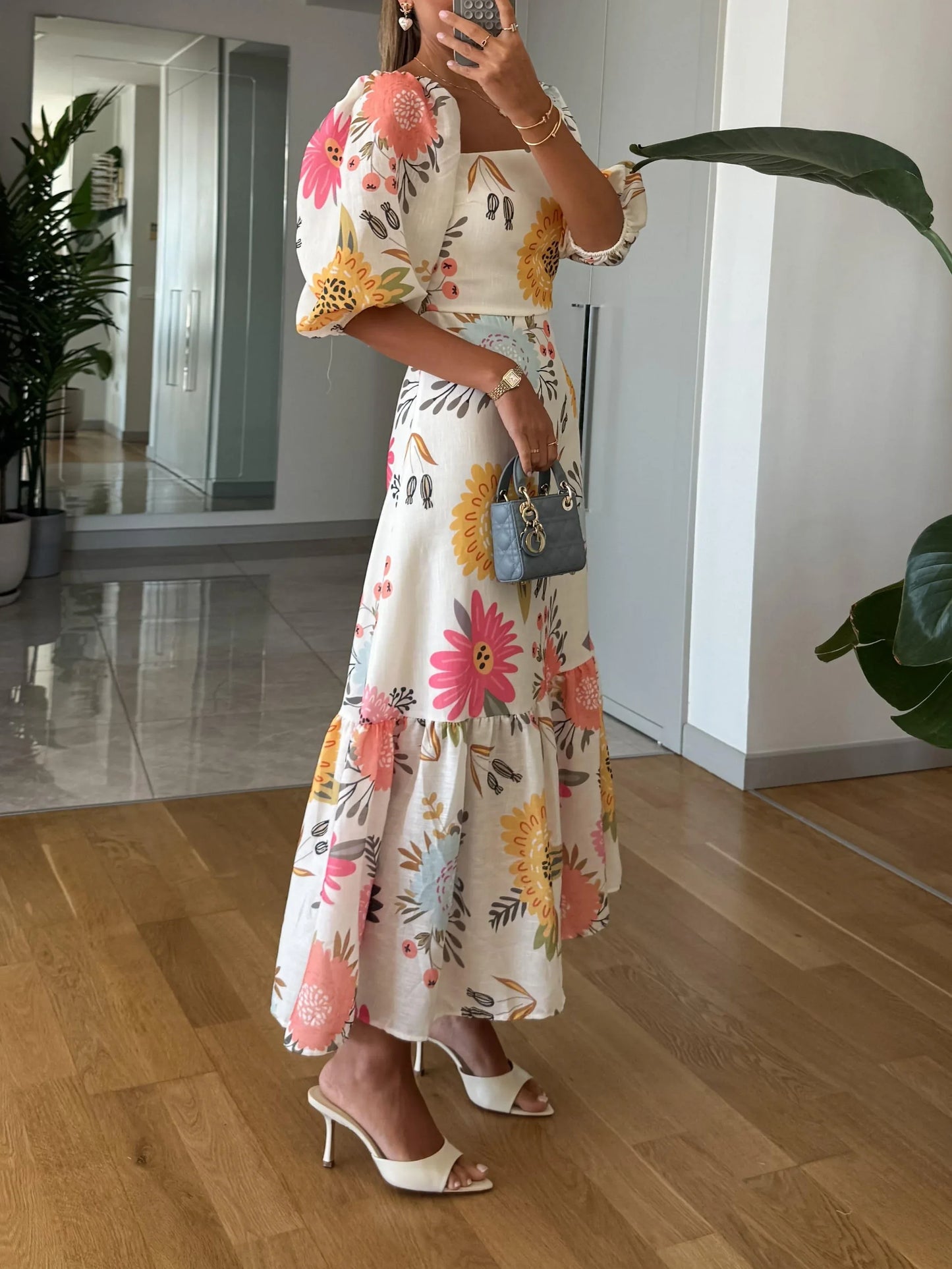 Square Neck Floral Print Puff Sleeve Midi Dress - NuaVibe