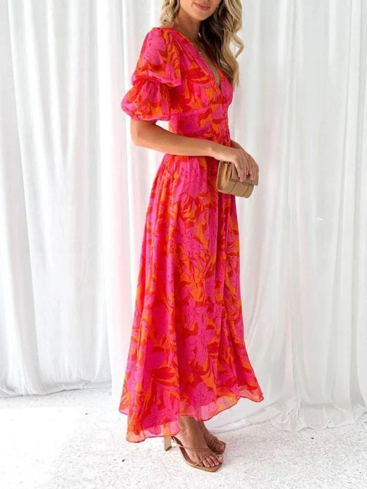 Elegant Floral V-neck Midi Dress - NuaVibe