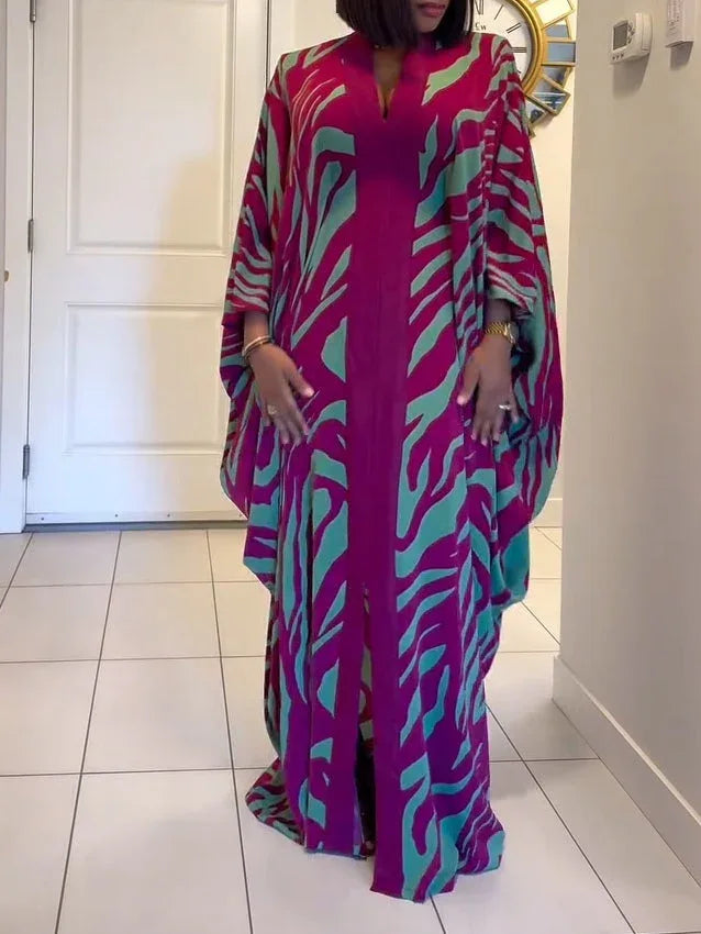 Zebra Print V-Neck Batwing Sleeve Robe Maxi Dress - NuaVibe