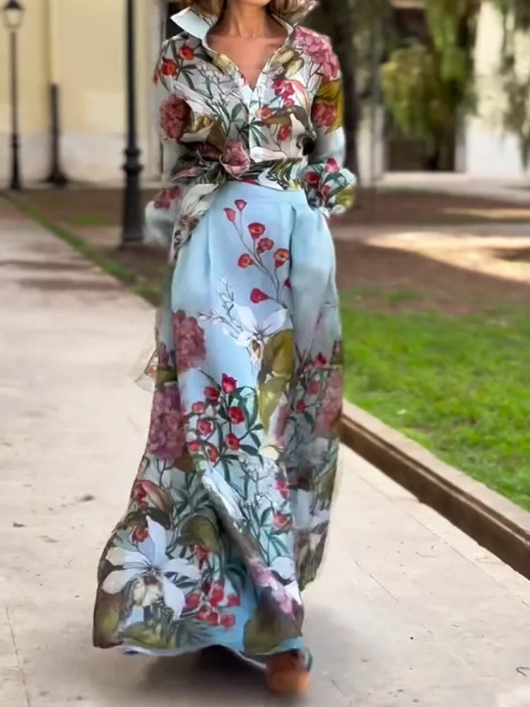 Elegant Floral Print Shirt and Skirt Two-piece Set
