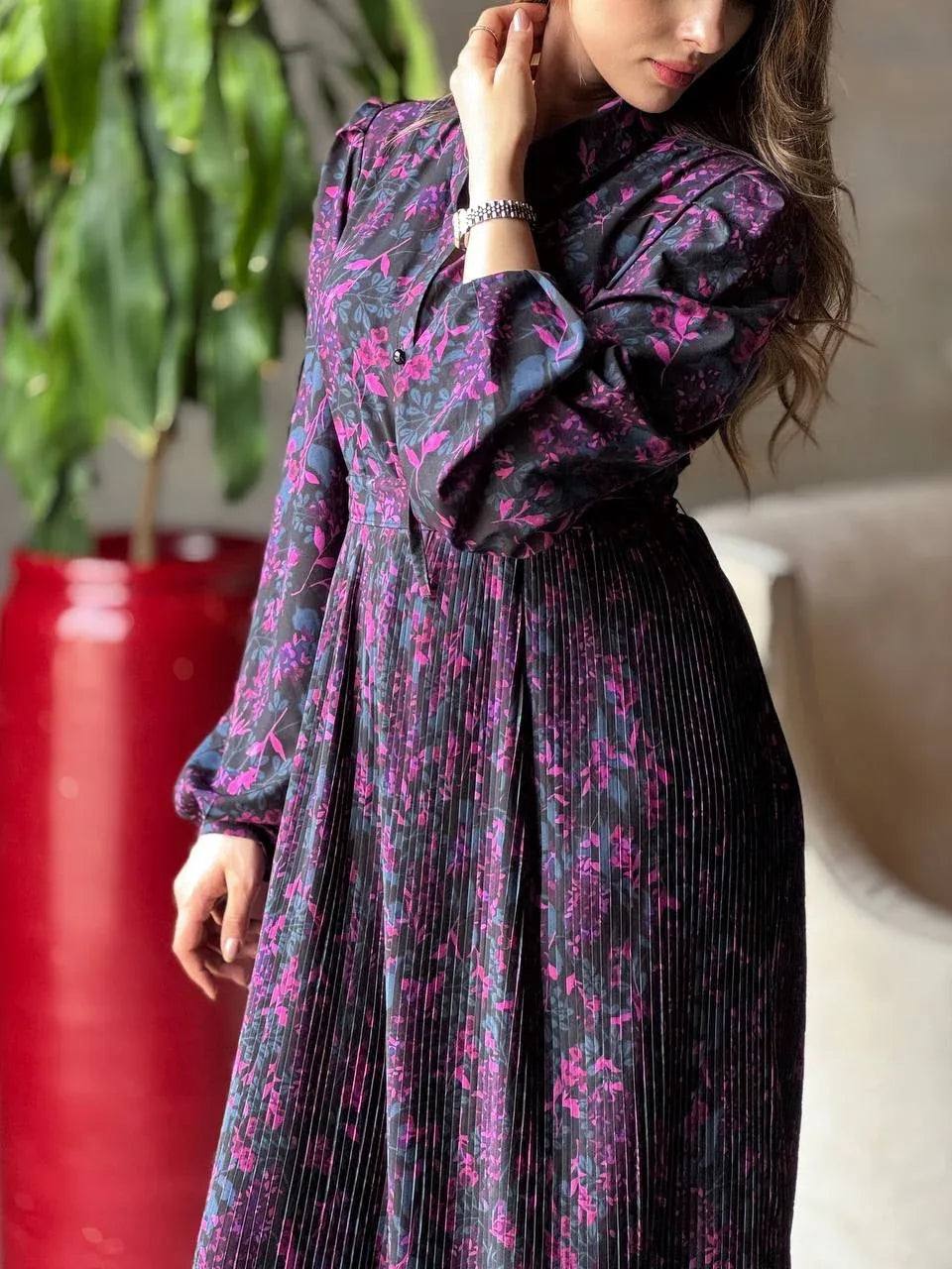 Elegant Floral Print Pleated Shirt Maxi Dress - NuaVibe