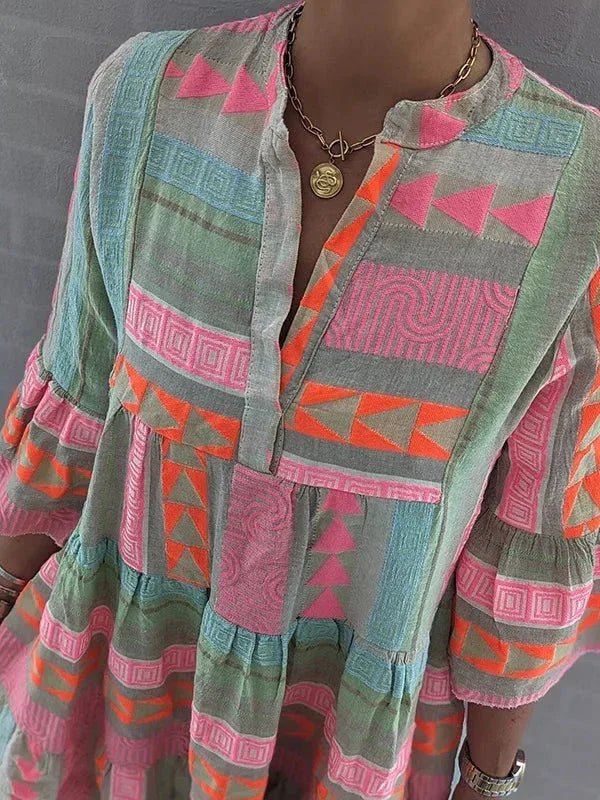 Elegant Patchwork Printed V-neck Three-quarter Sleeve Dress - NuaVibe