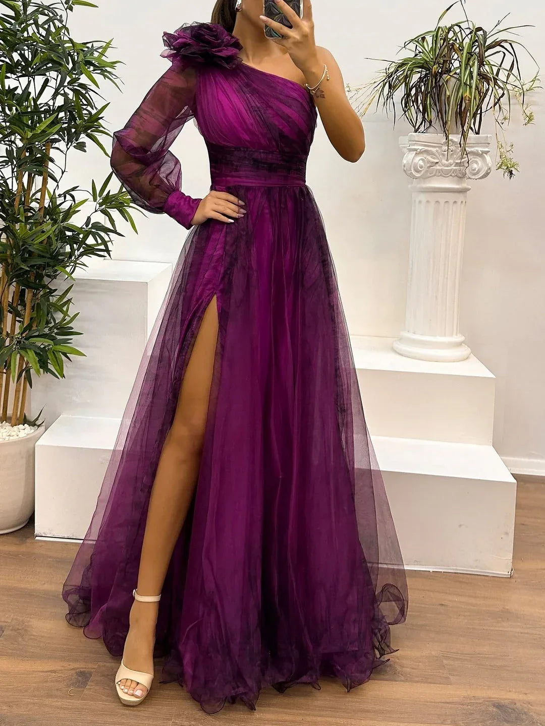 One Shoulder Mesh Abstract Gradient Print Maxi Dress - NuaVibe