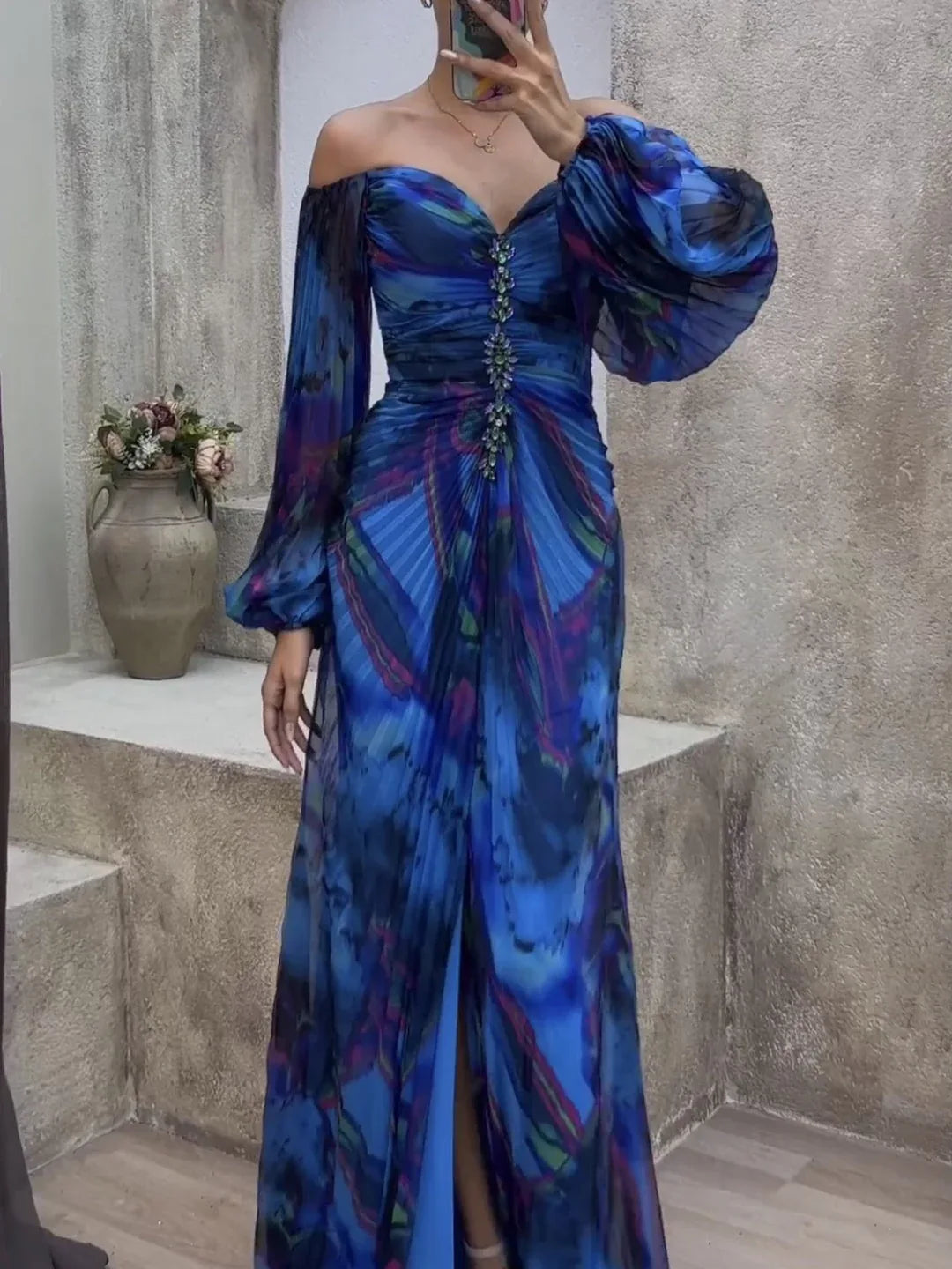 Off-the-shoulder Diamond-embellished Pleated Fitted Slit Maxi Dress - NuaVibe