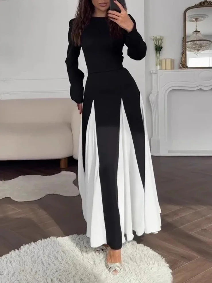 Elegant Black and White Colorblock Round Neck Waist Long Sleeve Dress - NuaVibe