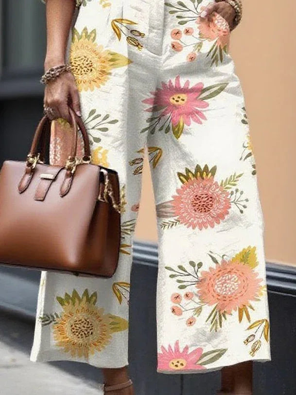 Floral Capri Pants and Loose Shirt Linen Set - NuaVibe