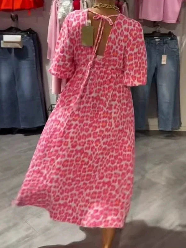 Elegant Pink Striped Floral Print Deep V Dress - NuaVibe