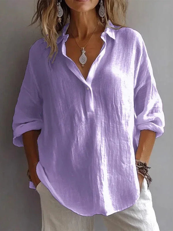 Casual Loose Long Sleeve Linen V-Neck Shirt - NuaVibe