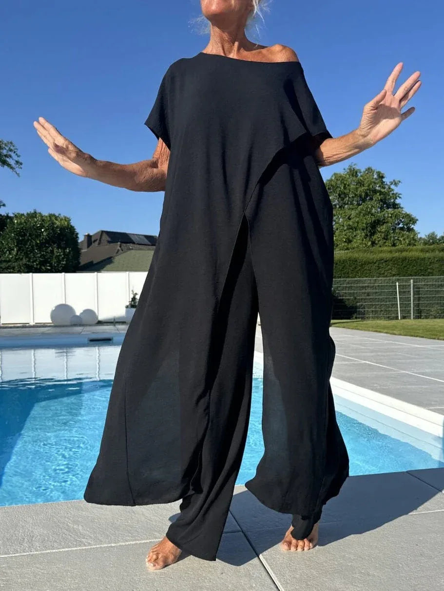 Breathable Wide-leg Pants and Tapered Long Short-sleeved Top Set - NuaVibe