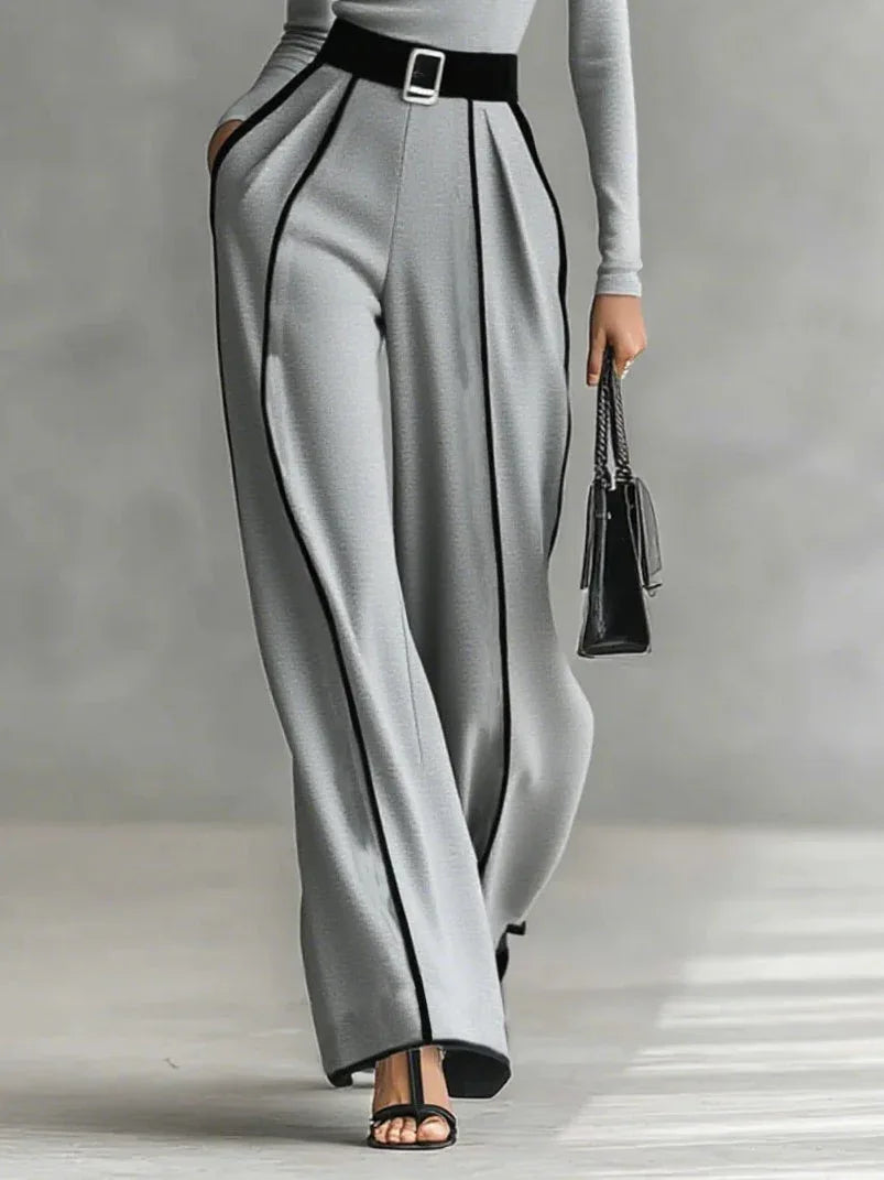 White Trim High-neck Long-sleeved Top With Wide-leg Pants and Belt Set - NuaVibe