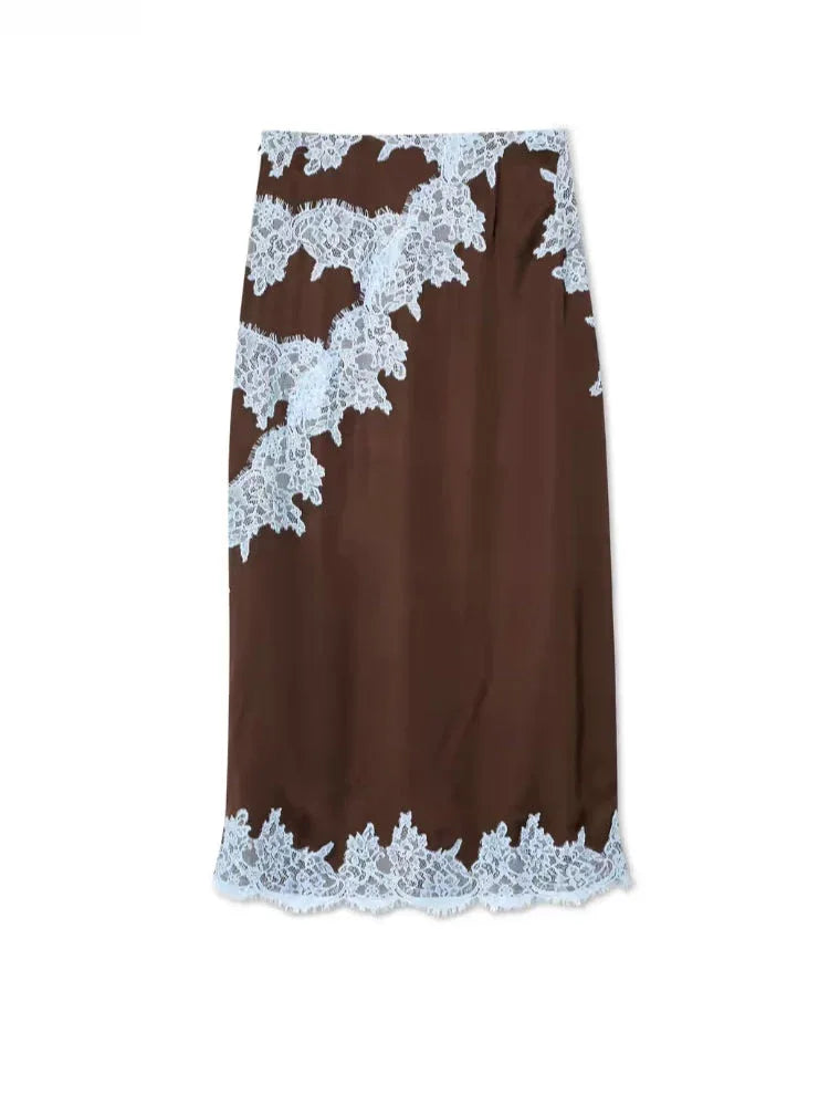 Elegant Brown and Blue Lace Panel Top + Skirt Suit Set - NuaVibe