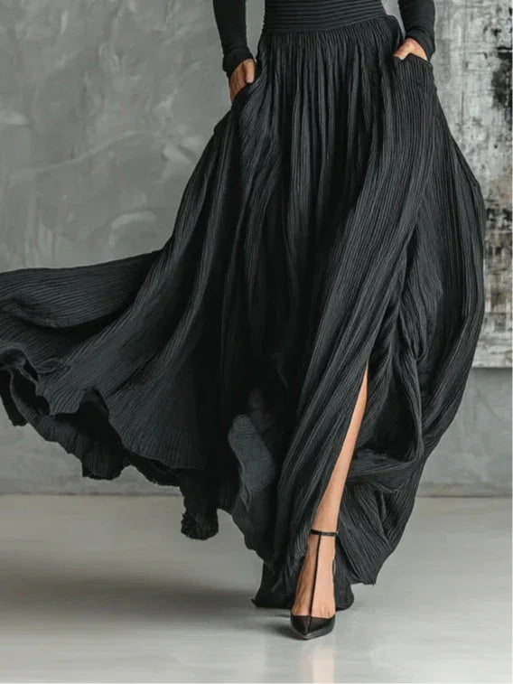 Fashion All Black Skinny Turtleneck T-shirt Pleated Skirt Set - NuaVibe