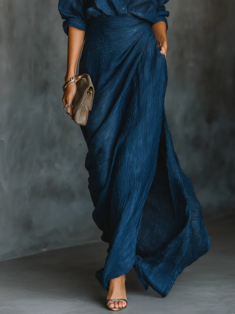 Elegant Dark Blue Cotton And Linen Blend Shirt Long Skirt Set - NuaVibe