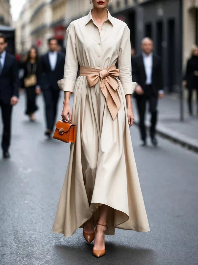 Elegant Long-sleeved Shirt-style Tie Maxi Dress - NuaVibe