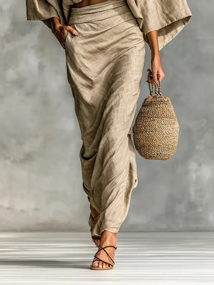 Cotton And Linen Blend Bat Sleeve Long Skirt Two-piece Set - NuaVibe