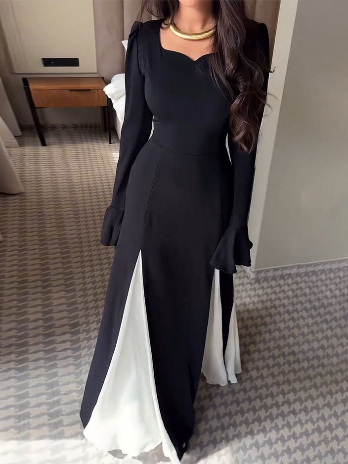 Black And White Flared Long-sleeved Maxi Dress