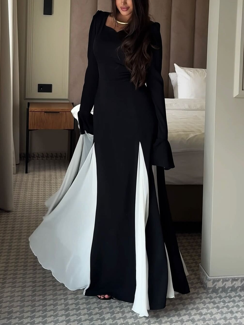 Black And White Flared Long-sleeved Maxi Dress