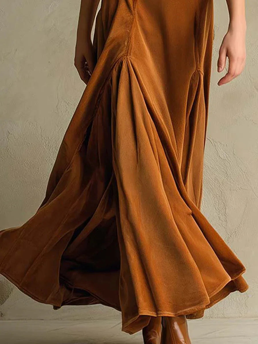 Brown Elegant Retro Suit Collar Velvet Long Dress - NuaVibe
