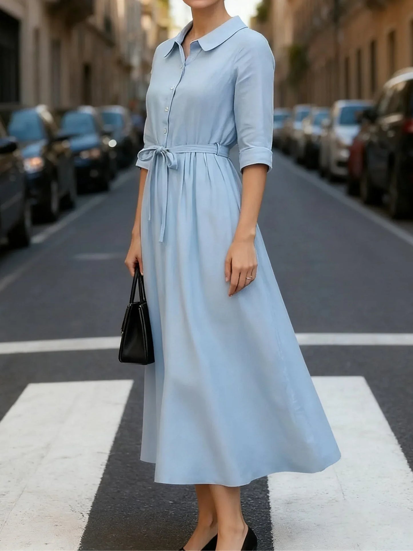 Blue Casual Lapel Tie Midi Dress - NuaVibe