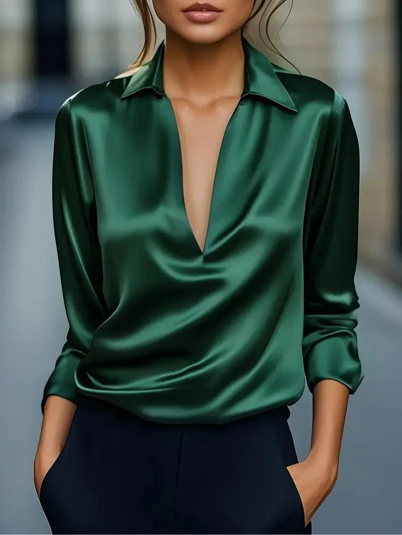 Solid Color Satin V-neck Long-sleeved Casual Shirt - NuaVibe