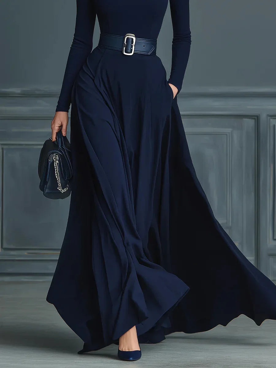 Dark Blue Knitted High-neck Dress - NuaVibe