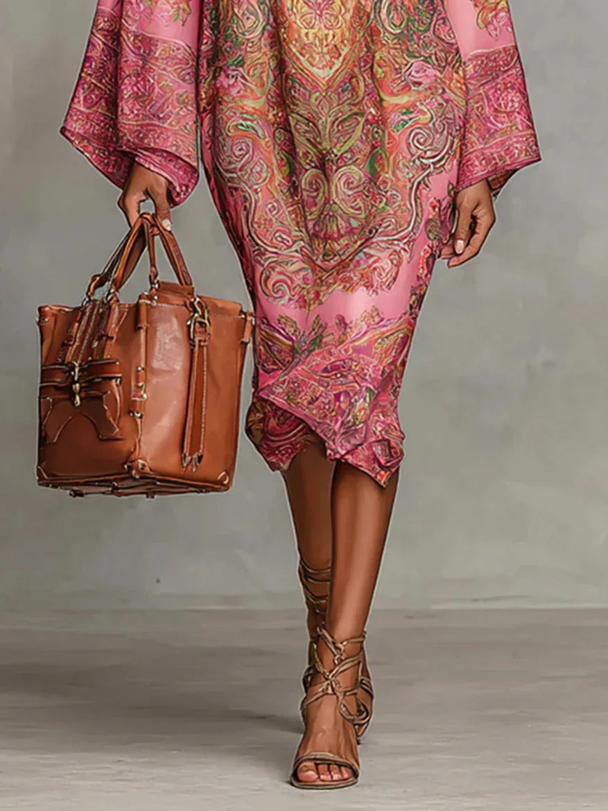 Pink Paisley Print Flared Long Sleeve Loose Midi Dress - NuaVibe
