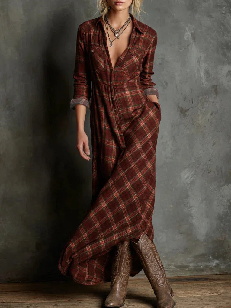 Green Plaid Lapel Single-Breasted Shirt Long Dress - NuaVibe