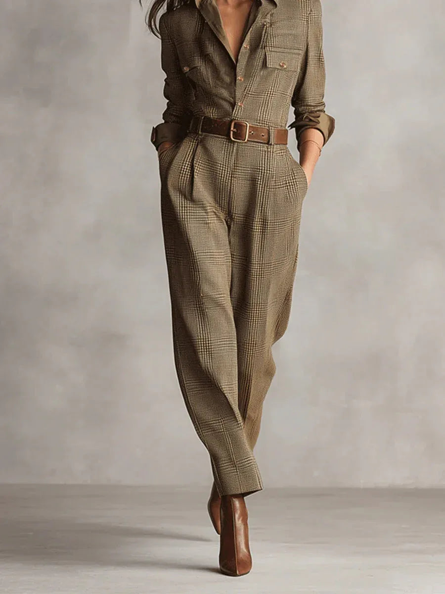 Brown Sophisticated Tweed Texture Plaid Utility Jumpsuit - NuaVibe