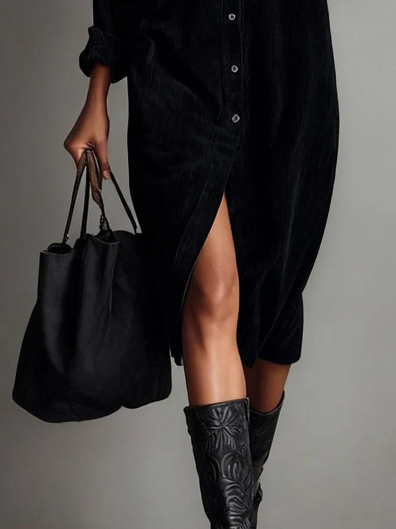 Black Loose Corduroy Double Chest Pocket Single Breasted Midi Dress - NuaVibe