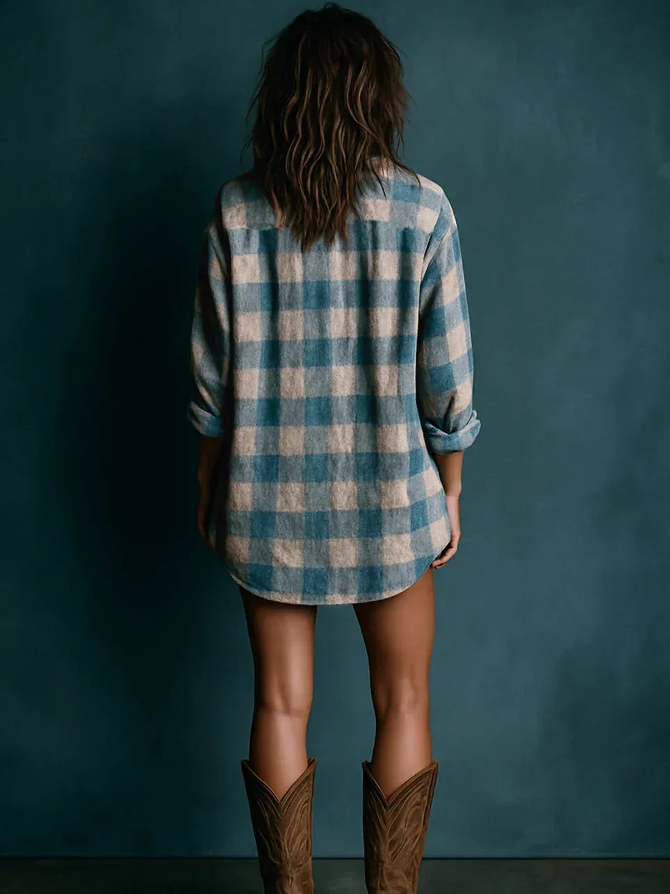 Blue And White Loose Plaid Henley Neck Long Sleeve Mini Dress - NuaVibe