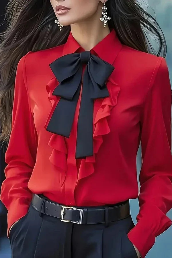 Ruffled Bow Tie Casual Long-sleeved Shirt - NuaVibe