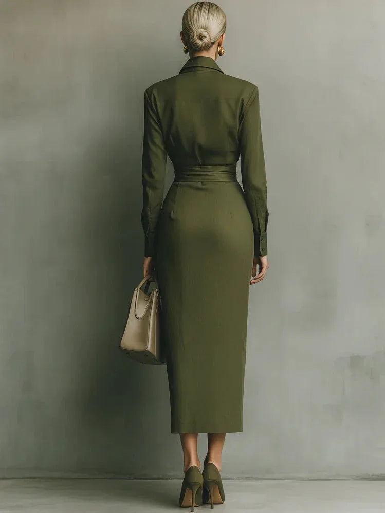Army Green Cotton Blended Maxi Dress - NuaVibe