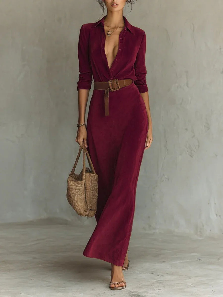 Suede Single-breasted Lapel Maxi Dress - NuaVibe