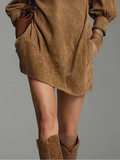 Brown Loose Suede Zipper Turtleneck Mini Dress - NuaVibe