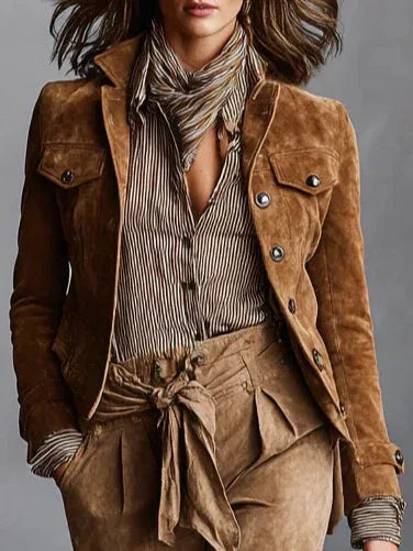 Brown Suede Single-Breasted Lapel Cropped Jacket - NuaVibe