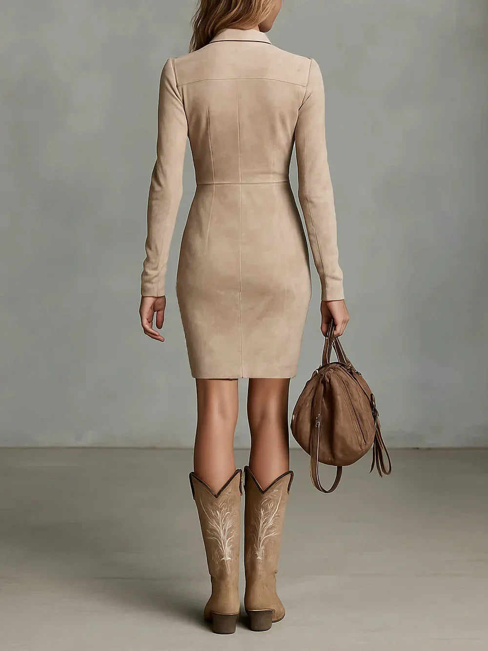 Beige Slim Suede Neck Floral Lapel Midi Dress - NuaVibe