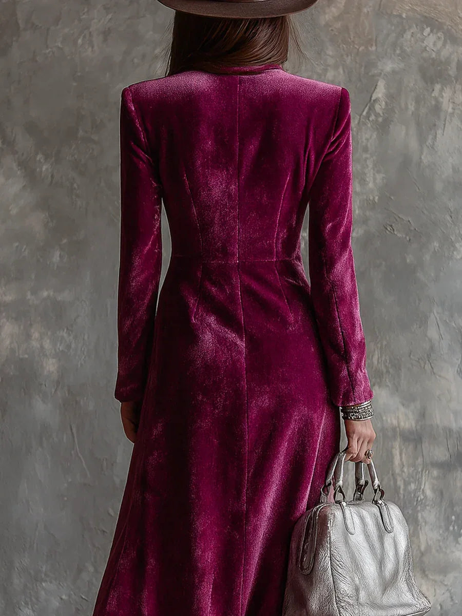Purple Button-Down Velvet Long Blazer Maxi Dress - NuaVibe
