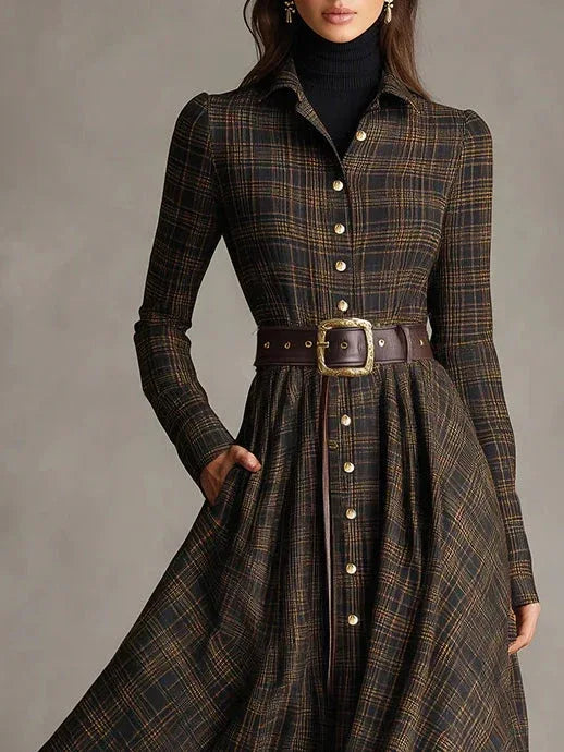 Brown and Black Plaid Lapel Single-Breasted Shirt Long Dress - NuaVibe