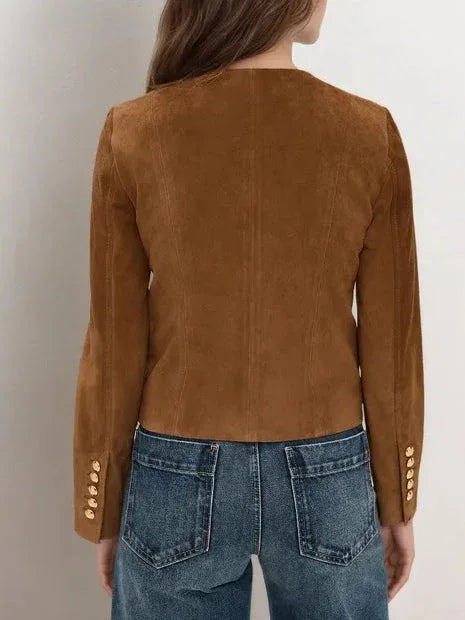 Brown Suede Single-breasted Cropped Jacket - NuaVibe
