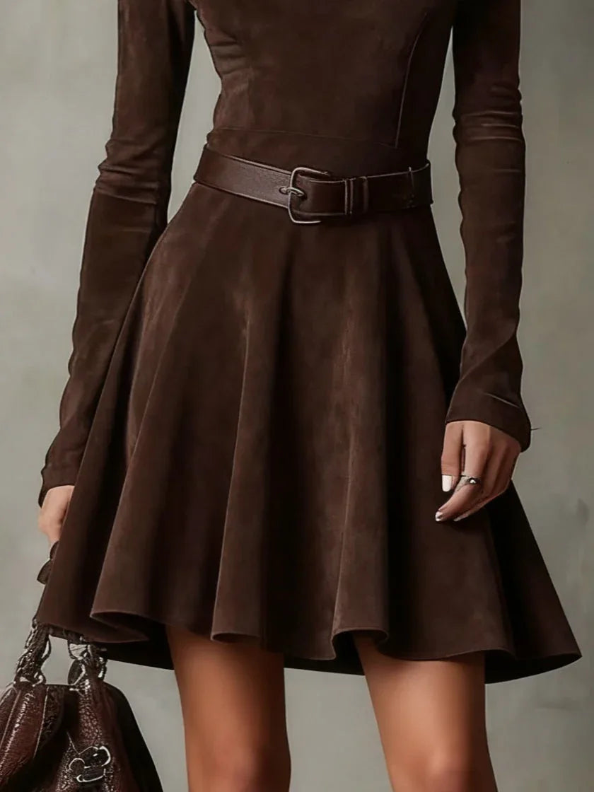 Vintage Dark Brown Suede Mock Neck Mini Dress - NuaVibe