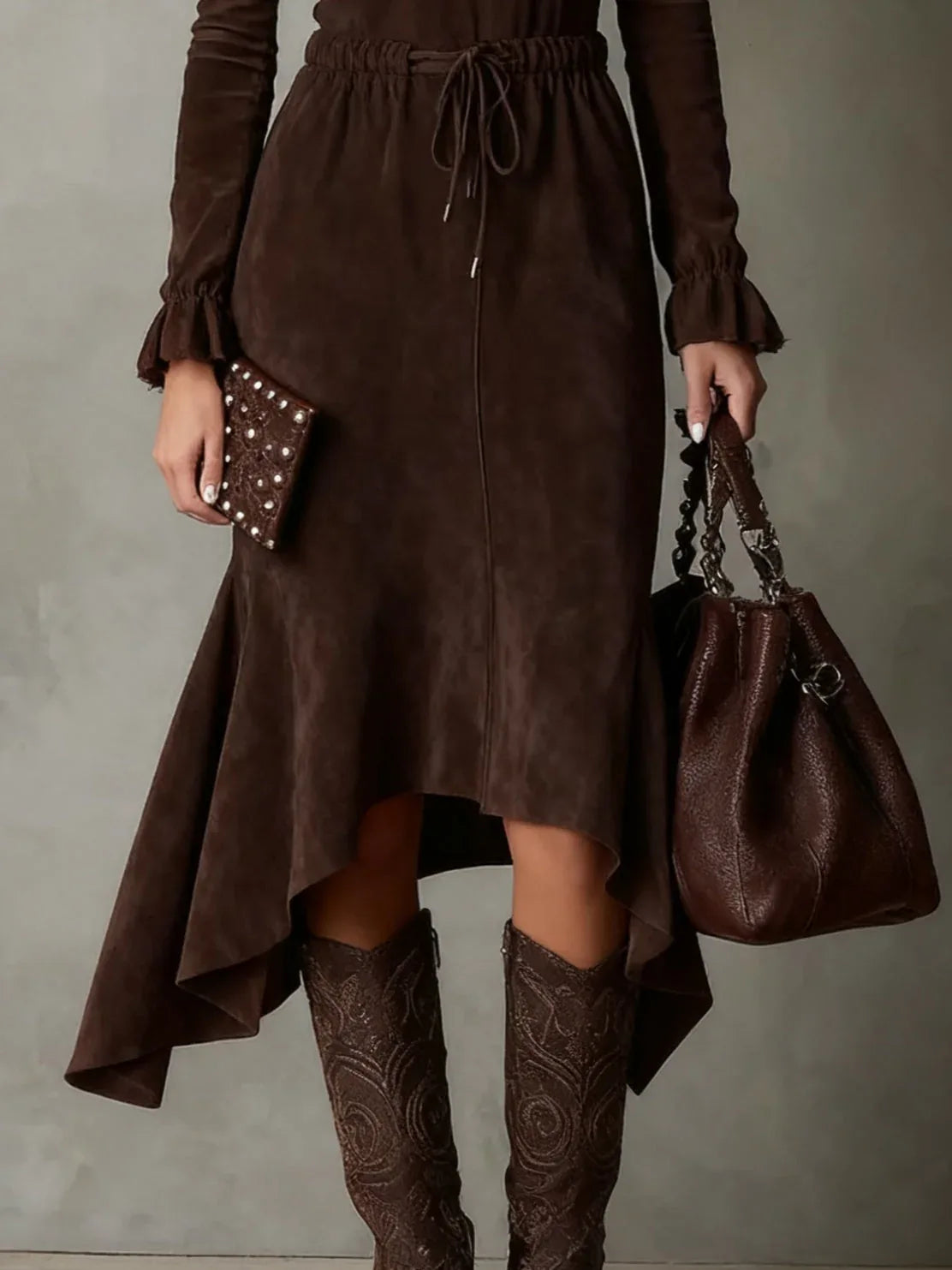 Elegant Dark Brown Suede Drawstring Irregular Midi Dress - NuaVibe