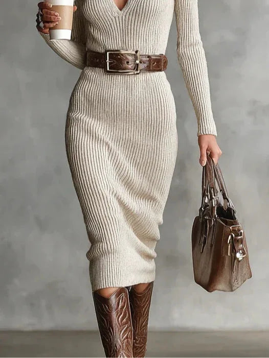 Slim Fit Half Turtleneck V-Neck Long Sleeve Knitted Belted Midi Dress - NuaVibe