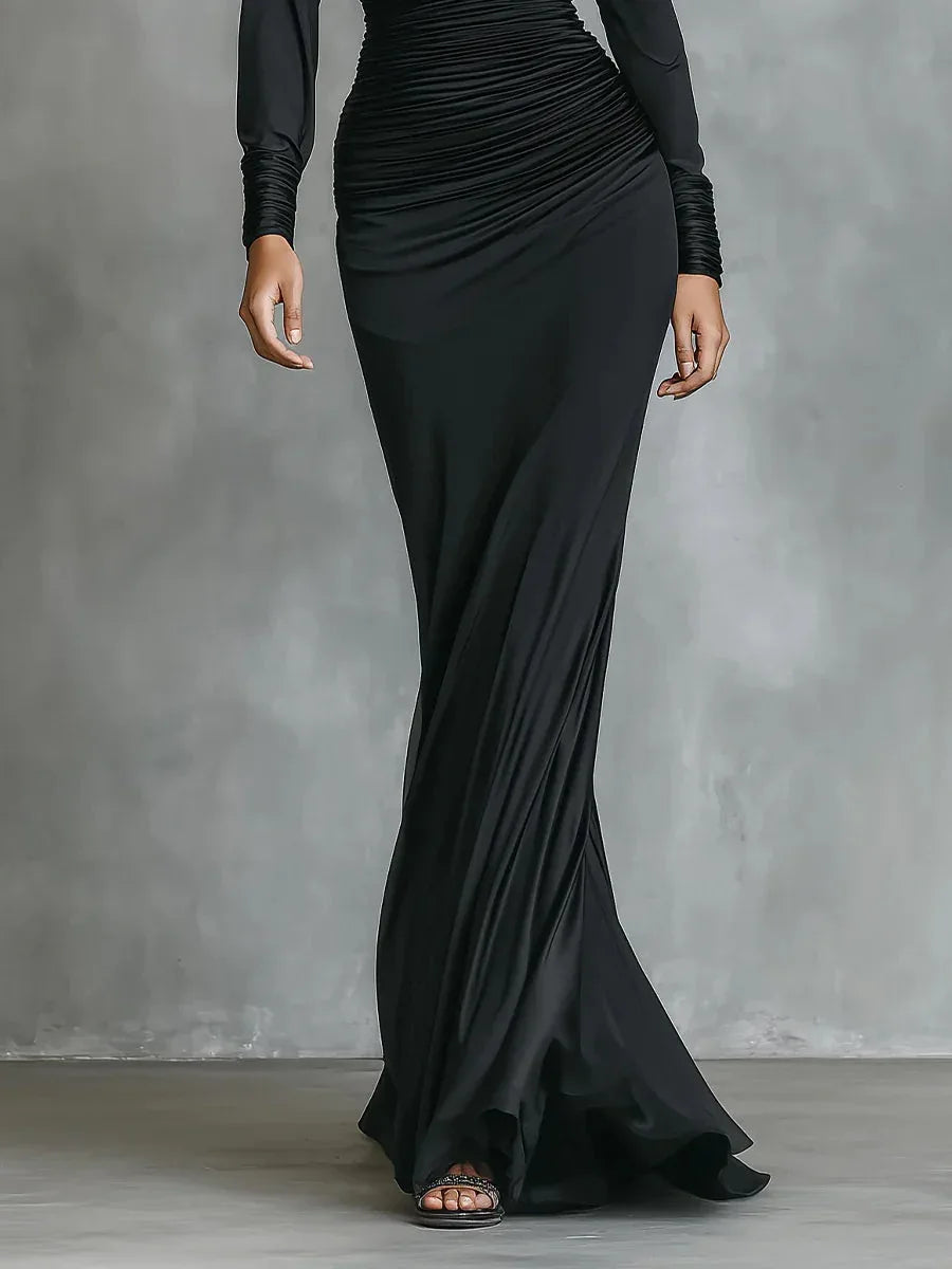 Black Elegant Satin One - Shoulder Ruched Mermaid Maxi Dress - NuaVibe
